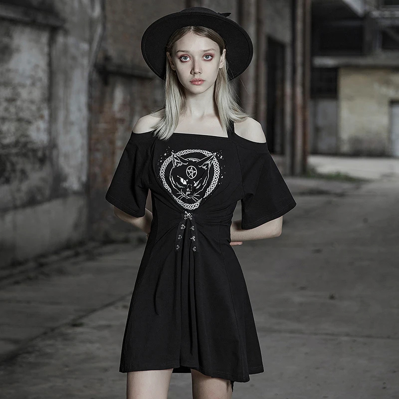 

PUNK RAVE Summer Girls Off Shoulder Dress Fashion Printed Black Slim Women Dress Slash Neck Gothic Dress