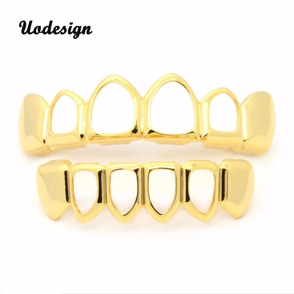 

Bottom Price Hollow Teeth Grillz 4 Color Customized Grillz Cheap Teeth Set Hip Hop Rap Star Tooth Cap Top&Bottom Teeth Grills