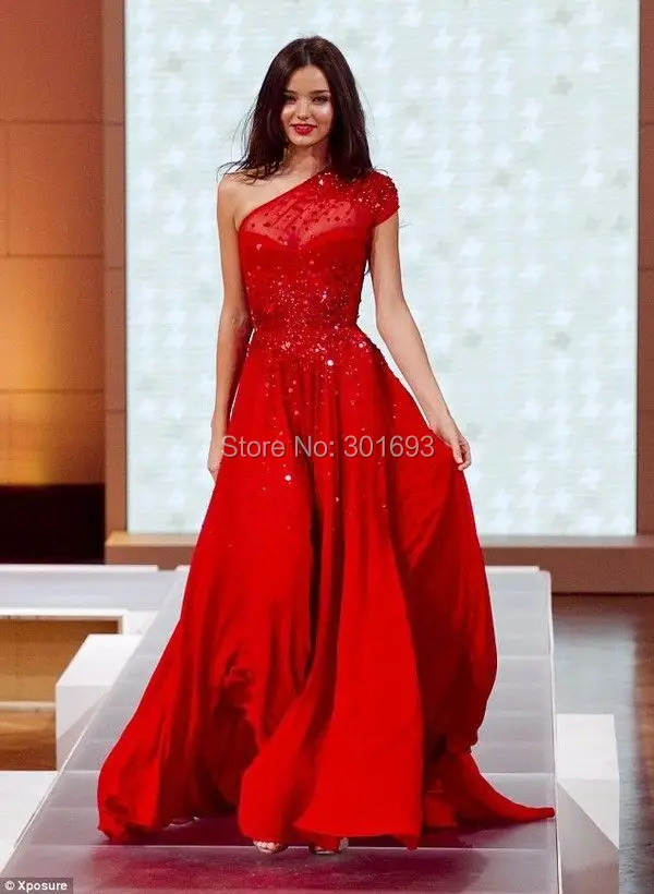 Elegant ONE232 Chiffon One Shoulder Red Sexy Formal Beaded ...