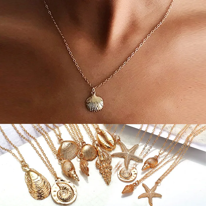 

2019 New Fashion Gold Color Alloy Cowrie Shell Necklace for Women Conch Chain Pendant Necklace Summer Jewelry Starfish Collar