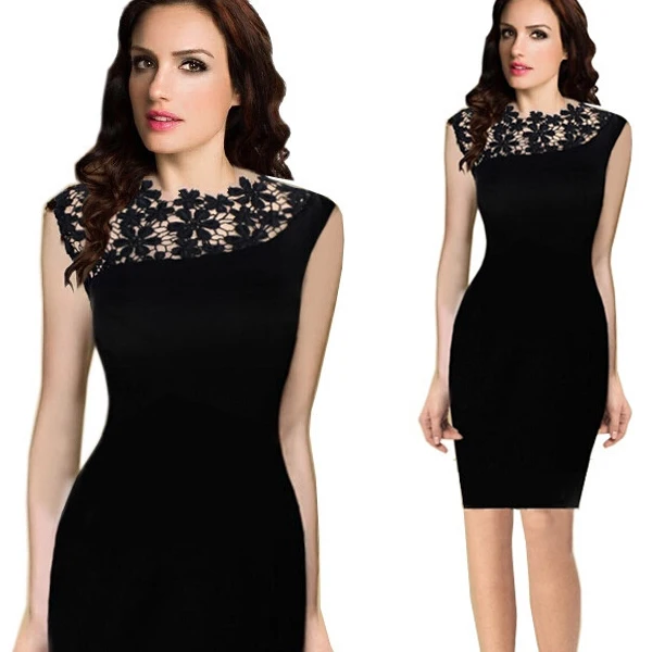 

Lace Dresses 2019 new arrival summer Fashion O-neck sleeveless patchwork slim plus size S-XXL solid women pencil dress 4114