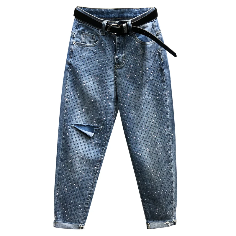 

plus size 26-31!Fashion Rhinestones diamond high waist women denim pants loose casual jeans hole harem pants