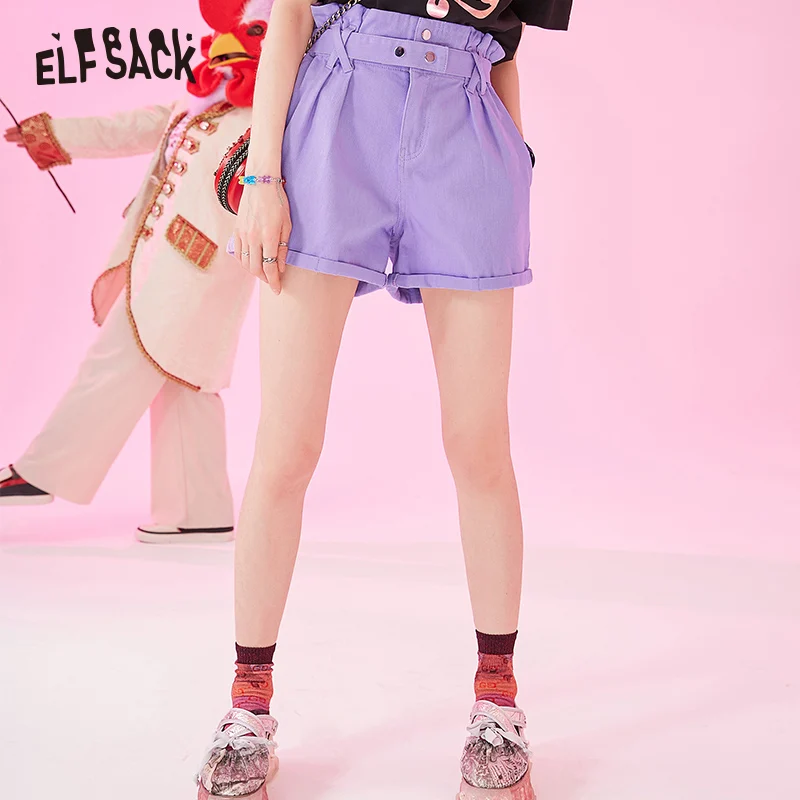 

ELF SACK Cotton Denim High Waist Women Shorts Fashion Flare Casual Lavender Female Shorts 2019 Summer Cowboy Waist Belt Shorts