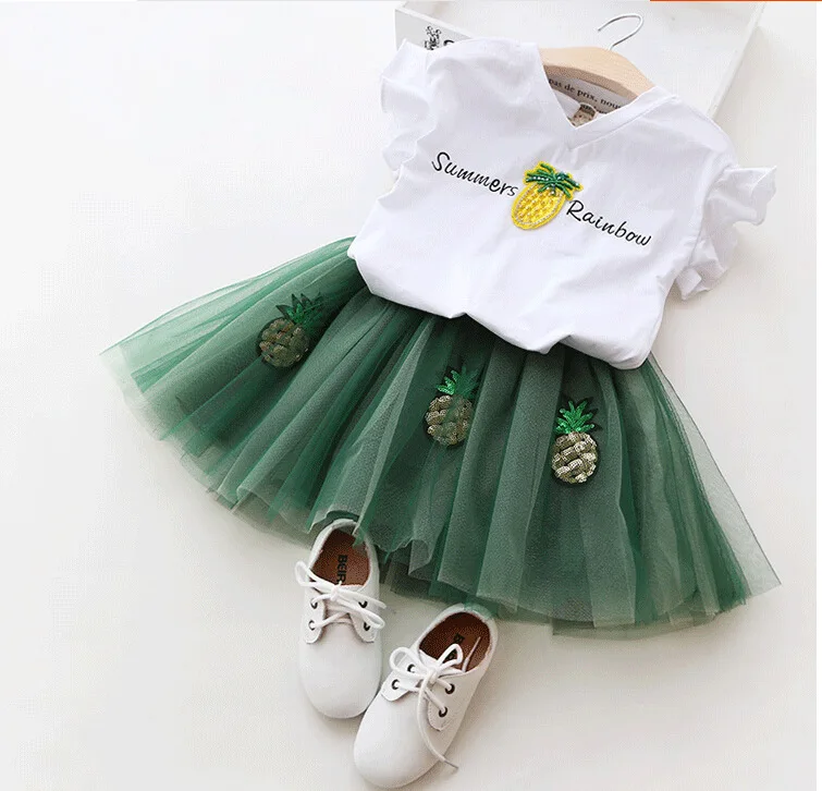 

Girls' Skirt 2019 New Fashion Sleeve Pineapple Cotton T + Mesh Skirt Western Girls' Skirt