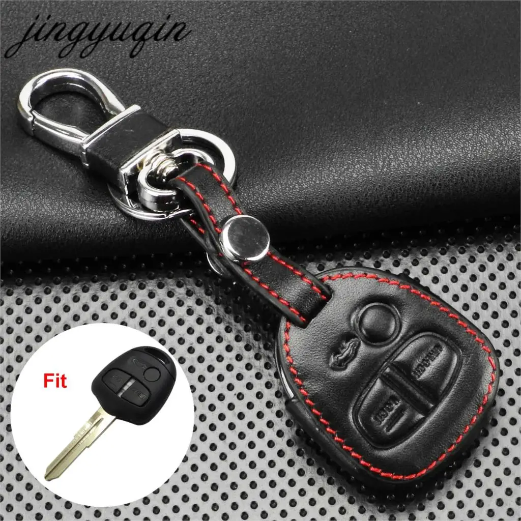 

jingyuqin For Mitsubishi Outlander Lancer EX / ASX Pajero 3 Button Leather Remote Car Keychain key Cover Case Protector Holder