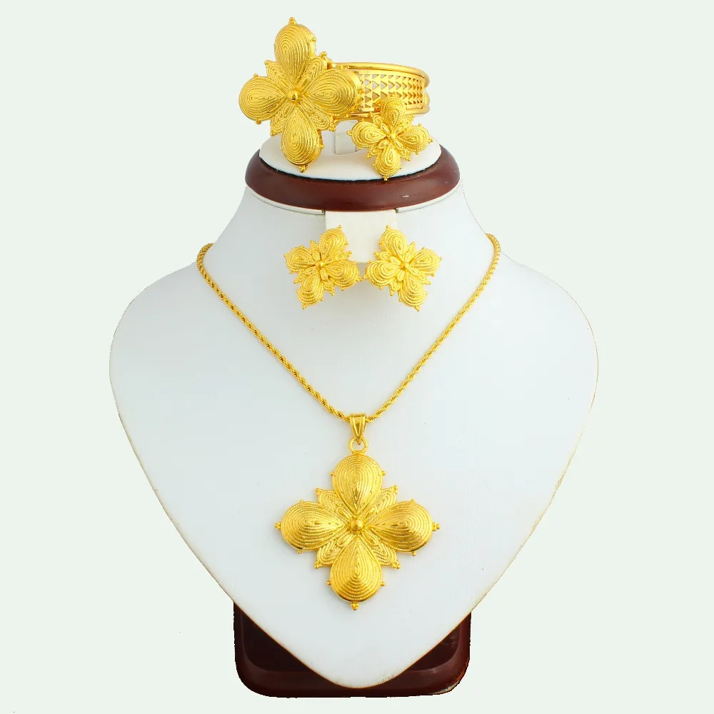 Conjunto de Jóias Presentes de Casamento da Noiva Acessórios de Moda de Cobre Banhado a Ouro da Cor do Ouro para as Mulheres Nova Etiópia Mulheres Grande Flor Cruz