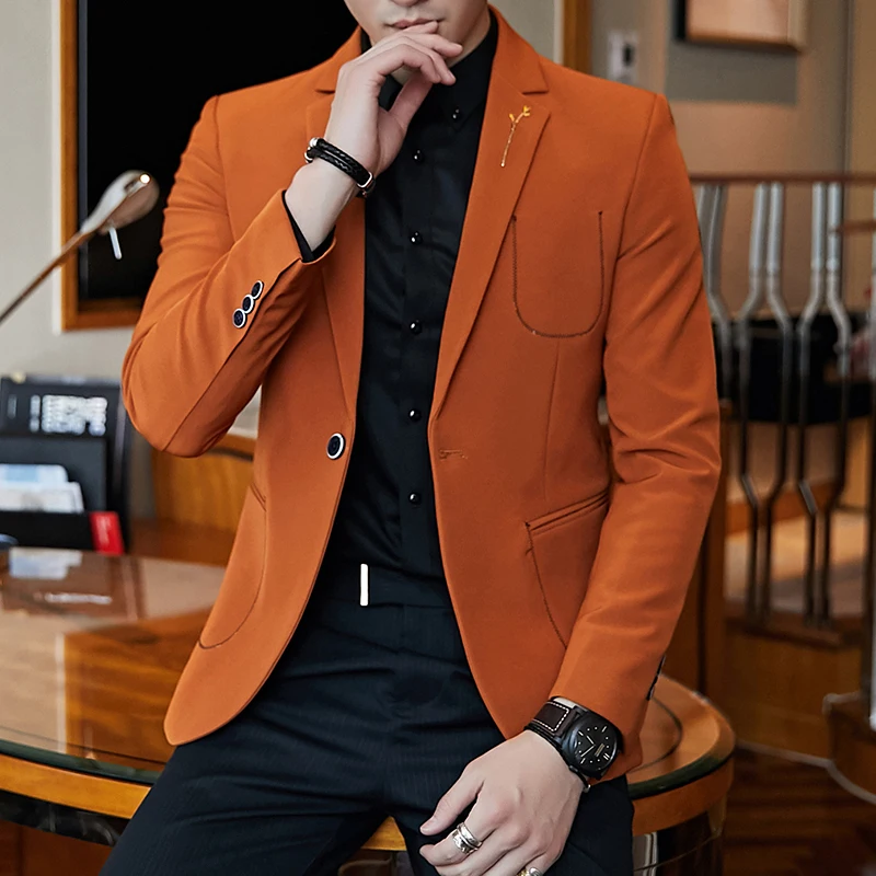 Брендовый элегантный Мужской Блейзер оранжевый черный мужской повседневный Блейзер приталенный мужской пиджак на одной пуговице винтажный пиджак Q522