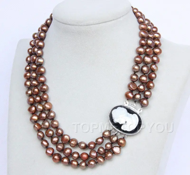 

Free shipping hot sale Women Bridal Wedding Jewelry >>16"-18" 3row 9mm light coffee pearls necklace seashell clasp E2749