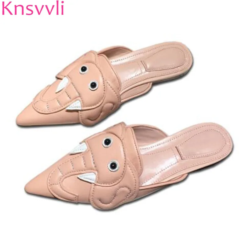 

New Elephant decorat Leather Flat Slippers Women Printed toe Outdoor ladies Mules Summer Nude Half Slippers Shoes Woman