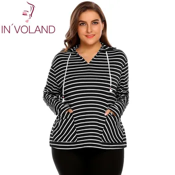 

IN'VOLAND Large Size Women Hoodie Hooded Plus Size L-4XL Long Sleeve Striped Pullover Sweatshirts Hoody Tracksuit Tops Oversized