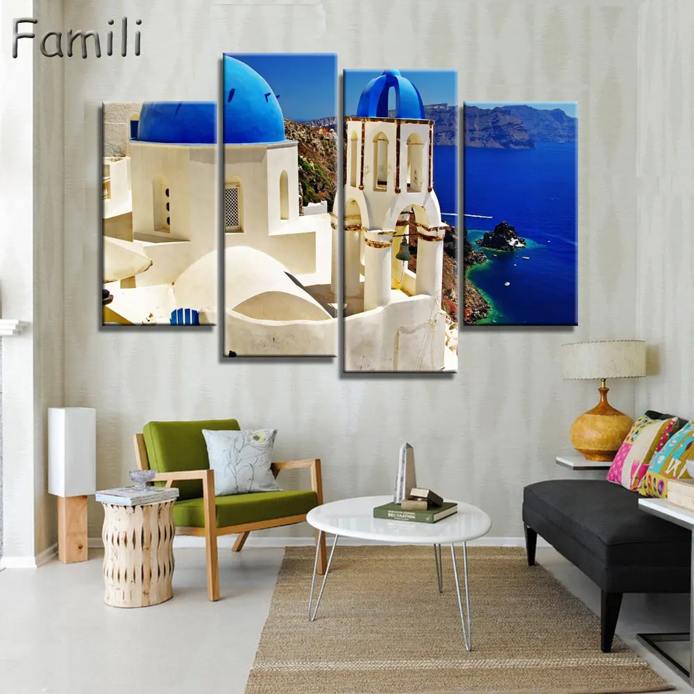 

4 Panel Modern Painting Home Decorative Art Picture Greece Santorini Island Scenery Printed Painting Living Room Wall Hanging