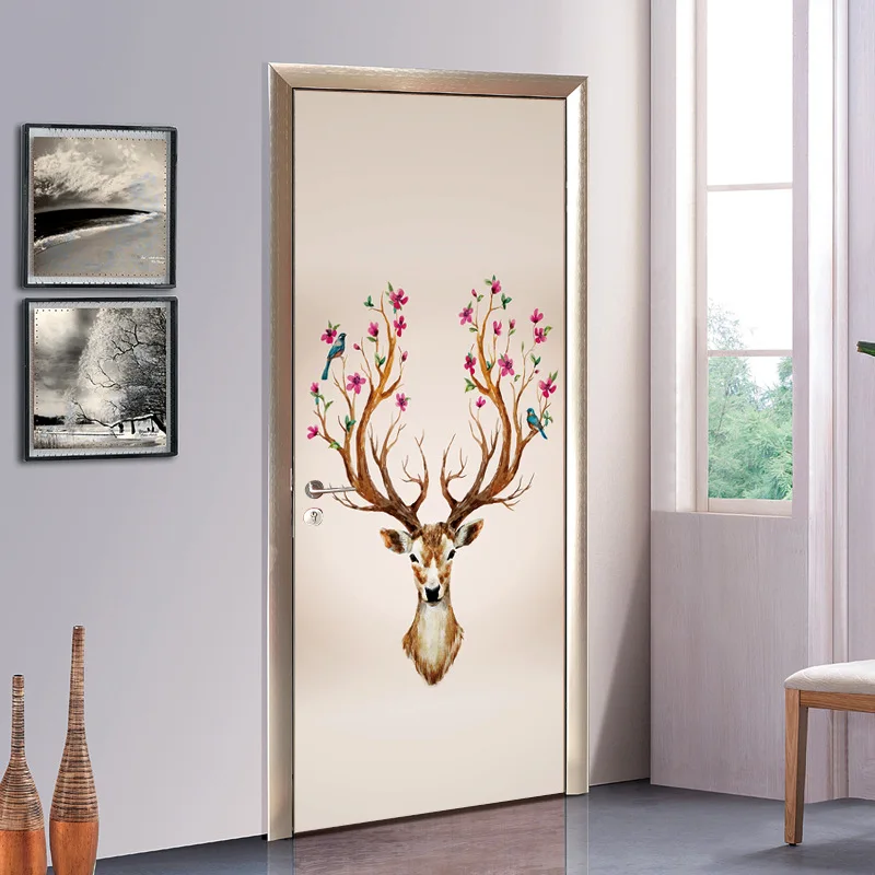 3D искусственный обои с северным оленем двери Стикеры плакат салон магазин Декор Цветок голова оленя гостиная украшения дома