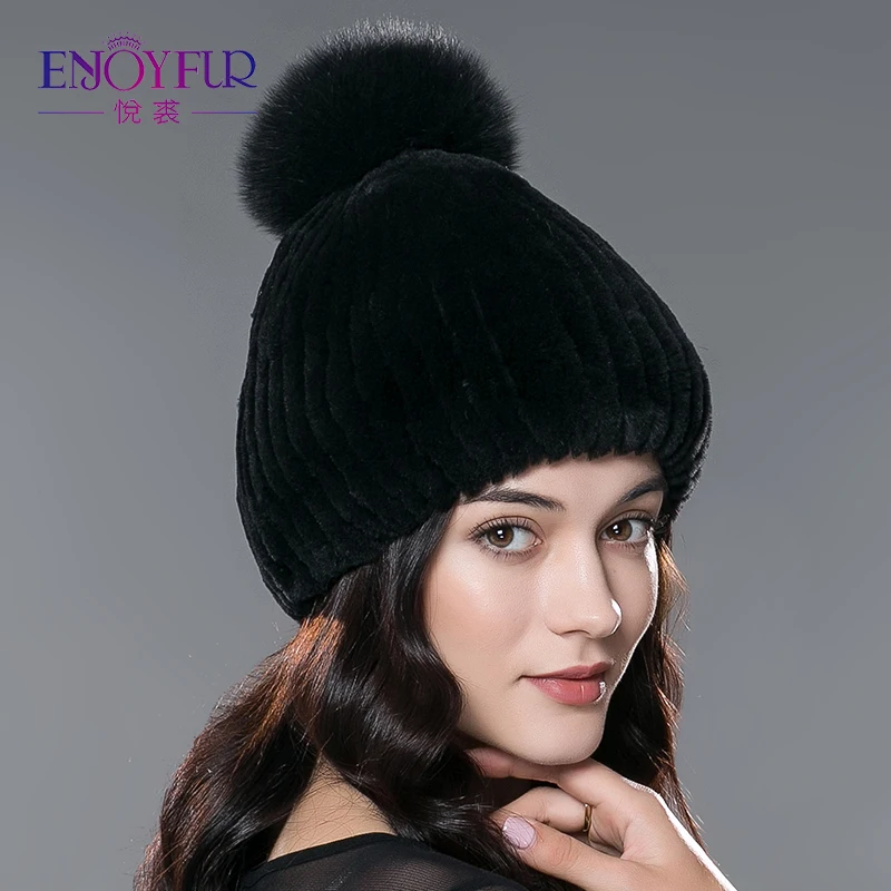 Женская шапка с помпоном ENJOYFUR, вязаная шапка из натурального меха кролика с помпоном из лисьего меха на зиму