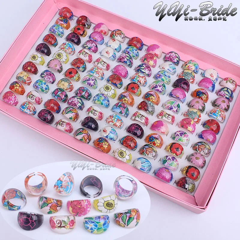 

Wholesale Jewelry 2016 New Arrival 100pcs Lovely Mix Resin Flower Cartoon Girls Princess Children/Kids Rings With Display Box