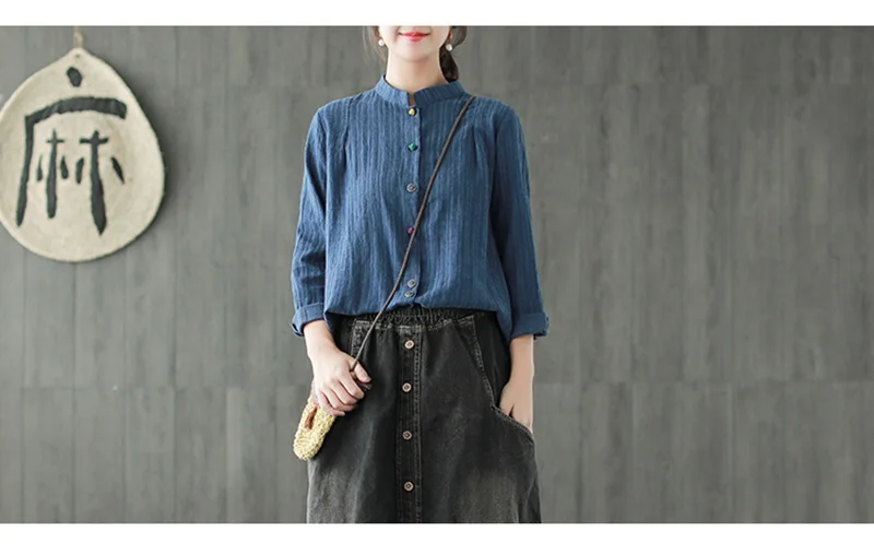 Mferlier Women Blouse Stand Collar Long Sleeve Panelled Colorful Buttons Cotton Linen Artsy Ladies Autumn Blouse