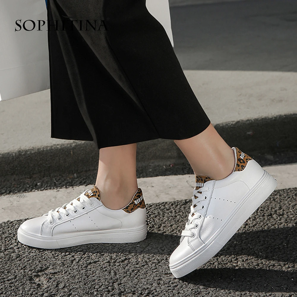

SOPHITINA 2019New Arrival Concise Casual Leopard Shoes Shallow Lace-up Basic Flats Soft Comfortable Genuine Leather Sneaker PO41