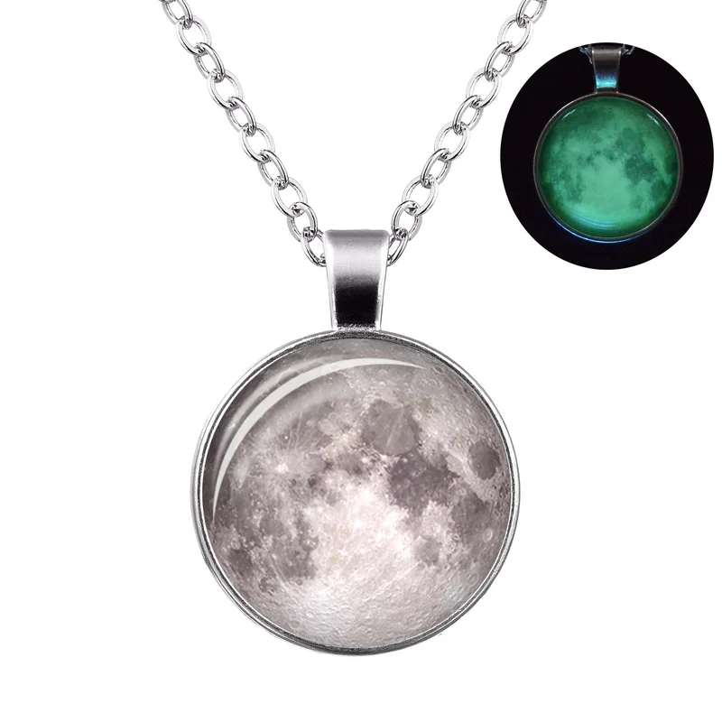 

Glow In The Dark Moon Gem Stone Pendant Neckalces Silver Color Link Chain Planet Necklaces For Women