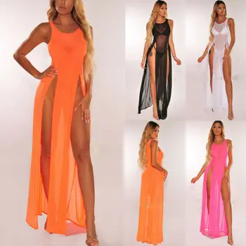 

Women's Bikini Swimsuit Cover up Silk Summer Beach Wear Mesh Sheer Long Beach Dress Strap Solid Swimwear See-Trough Beachwear