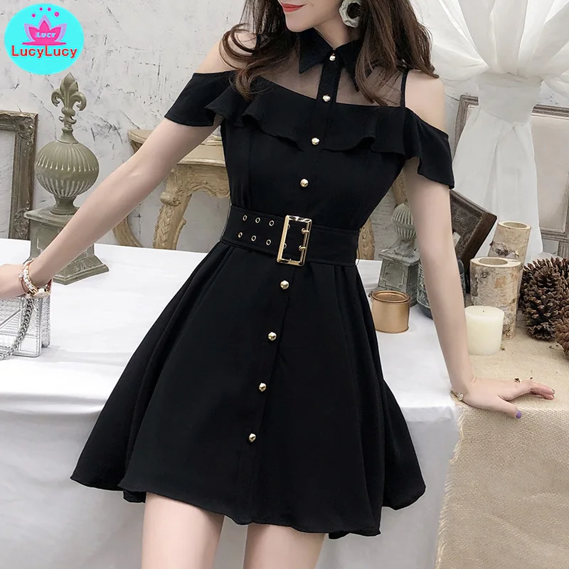 

Women's 2019 summer Korean temperament mesh stitching Off-the-shoulder waist A-line dress female Natural Knee-Length