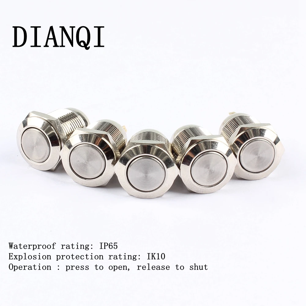 12mm Flat metal push botton waterproof Nickel plated brass push button switch 1NO momentary 12PN,F.K 6 10 mm brass nickel plated m20 1 5 mm electric cable gland waterproof x 10