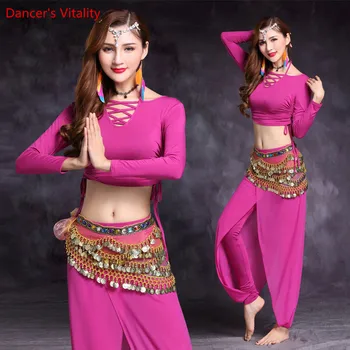 

Professional Belly Dance Suit India dance Clothes Long Sleeves Tops+Lantern Pants+Belt 3pcs set For Women Practice Dancewears