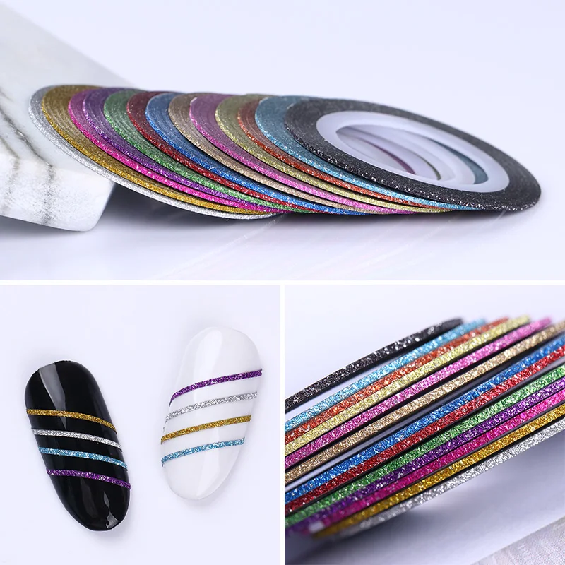 BORN PRETTY 13 Rolls 1mm Matte Glitter Nail Striping Tape Line Manicure Multi-color Nail Art Decoration Adhesive Stickers