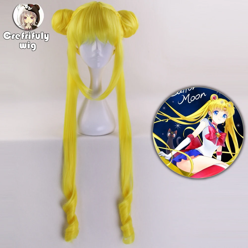

Sailor Moon Tsukino Usagi Cosplay Wig 90cm Crystal Long Lemon Yellow Blonde Wigs Costume Heat Resistant Synthetic Hair Perucas