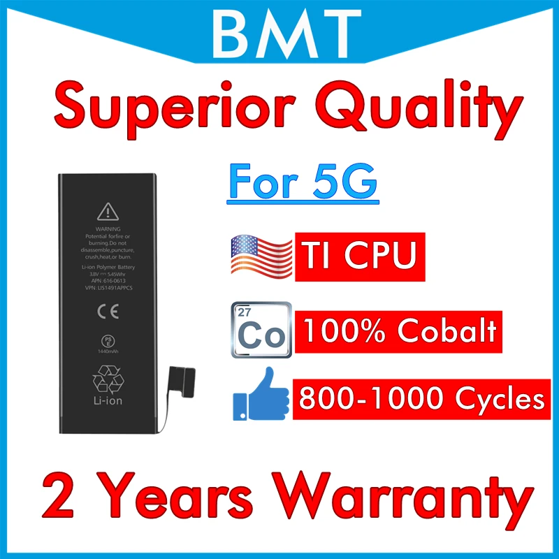 BMT оригинальный 5 шт. аккумулятор высшего качества для iPhone 5G 1440 мАч 100% кобальтовая