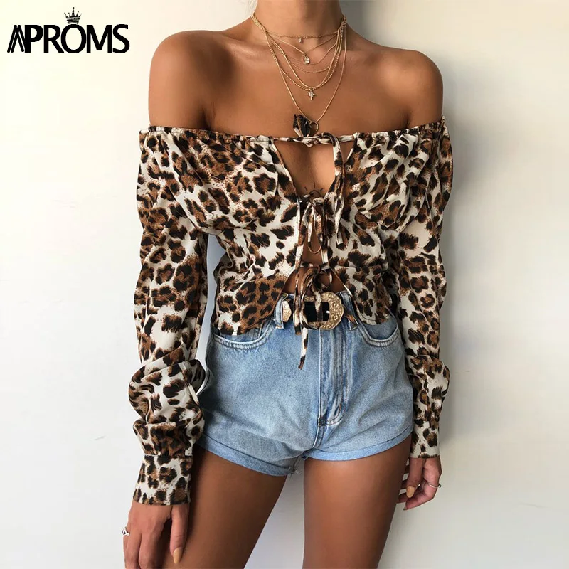 

Aproms Vintage Off Shoulder Long Sleeve Cropped Blouse Shirt Women Sexy Leopard Print Bow Tie Lace Up Crop Top Summer Blusa 2019
