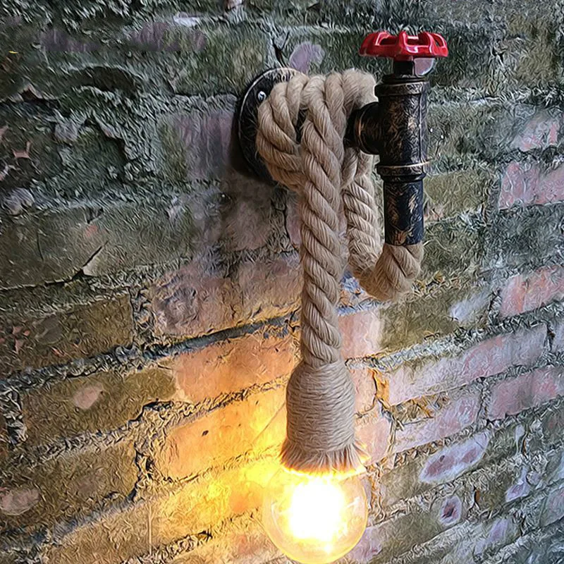 

Vintage Wall light Water pipe Hemp rope wall lamp E27 Retro iron wandlamp For indoor Decor antique wall sconce light fixture