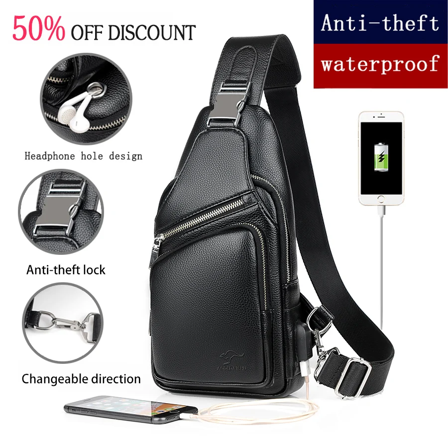 2021 Jackkevin Fashion Mens Shoulder Bag Burglarproof Black Leather Mens Chest Bag USB Charging Crossbody Bags Travel Bag