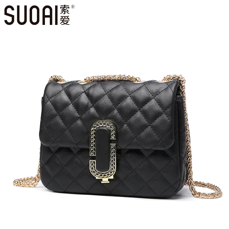 

SUOAI Plaid Pu Shoulder Bag Fashion Female Messenger Bag With Long Chain High Quality Trunk Handbags Scarves Free