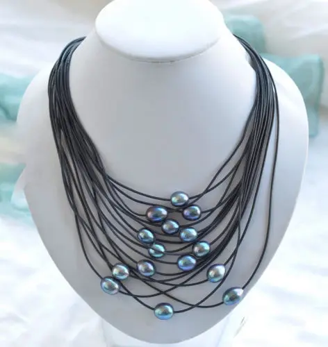 

3745 15row peacock rice freshwater pearl black leather Necklace