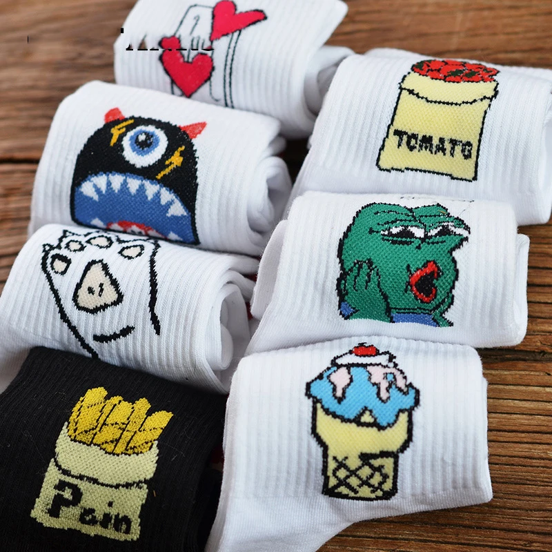 

New Korean Novelty Women Cotton Crew Socks Funny Frog Ice Cream Tomatoes Pattern Creative Harajuku Novelty White Funny Girl Sox