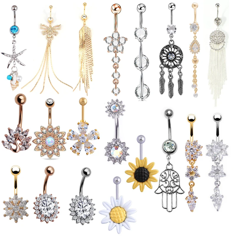 1pc Surgical Steel Fashion Flower CZ  Navel Bar Belly Button Rings Piercing For Women Navel Body Jewelry 14g