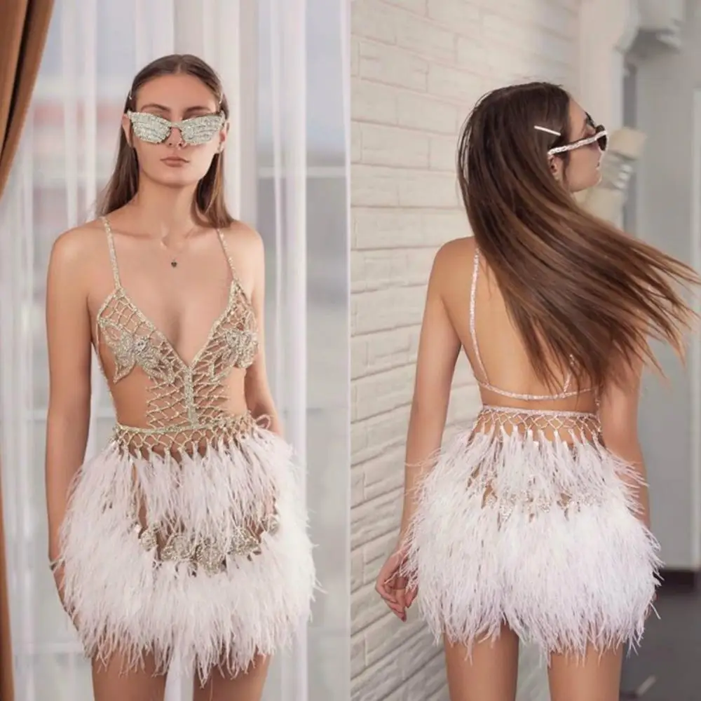 

Sexy Spaghetti Cocktail Dresses Illusion Beading Feathers Backless Mini Dress robe cocktail