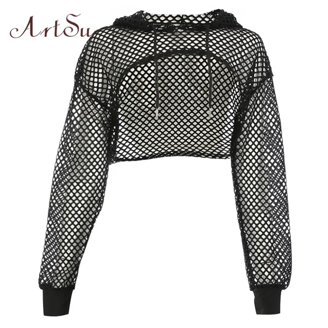 US $5.77 ArtSu Long Sleeve Tshirt Women Mesh Top Hooded Hollow Out Sexy Punk Rock Short Crop Top White T-shi