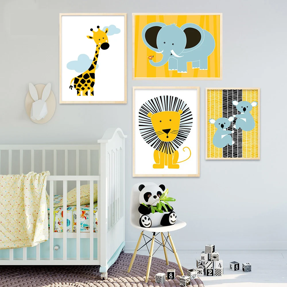 Cartoon Giraffe Lion Elephant Animal Posters and Prints Minimalist Wall Art Canvas Painting Nursery Picture Deacor | Дом и сад