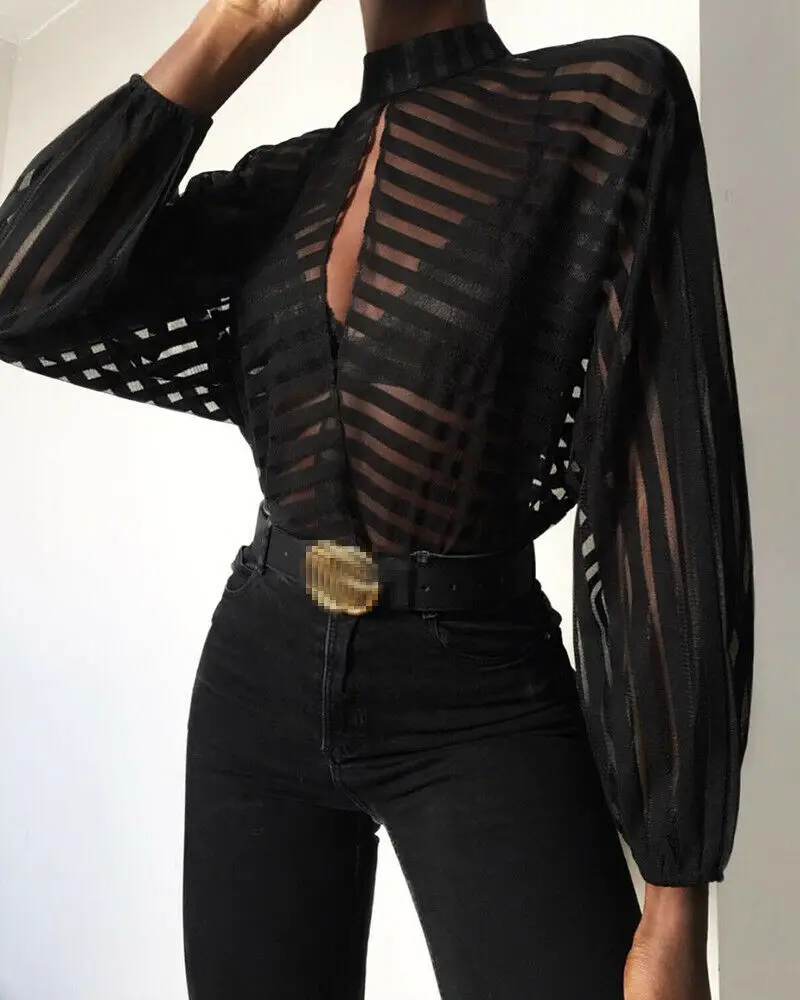 

Fashion Women Girls Mesh Sheer Long Sleeve Transparent See Through Striped Shirt Blouse Tops Elegant Party Formal Soft Clothes