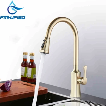 

FMHJFIAD Kitchen Faucet Brushed Gold Mixer Tap Torneira Para Cozinha De Parede Crane 360 Degree Rotation Pull Down Stream Taps