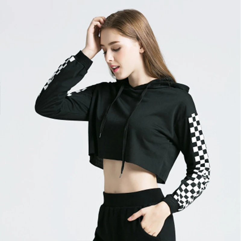Summer Casual Tops Plaid Long-sleeved Women Head Stitching Short Paragraph Navel Ladies Slim Hooded Shirts Women Summer Casual Tops Plaid Long-sleeved Women Head Stitching Short Paragraph Navel Ladies Slim Hooded Shirts Women