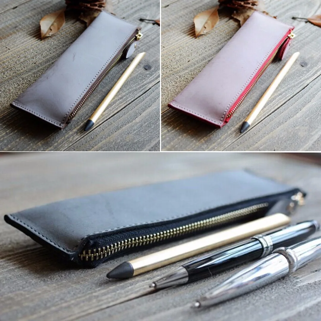 1pc  Leather Zipper Pen Pencil Bag Case Holder Storage Sleeve Pouch 217*63mm