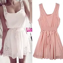 New Sexy Dress Slim Sleeveless Hollow White Women Lady Chiffon Mini Vestidos casual Dresses white/pink Female