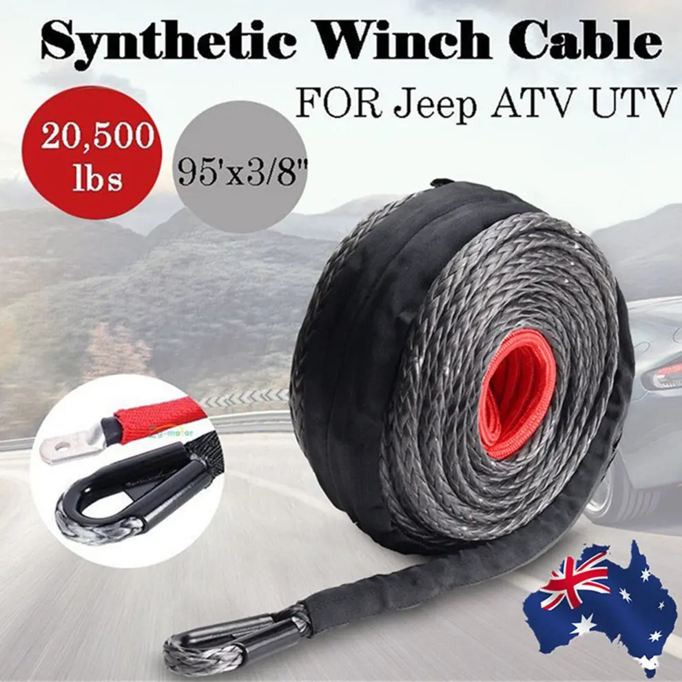 9.5mm*28m Synthetic Winch Line Cable Rope 20500LBs Hook+ Hawse Fairlead For All-Terrain Vehicle Sports Utility Vehicle