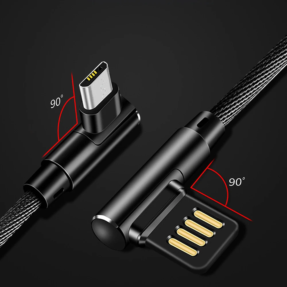 FBYEG 90 درجة عكسها المحمول الهاتف كابل المصغّر usb/نوع C كابل النايلون مضفر 2.4A سريع شحن L نوع الكوع لعبة كابل