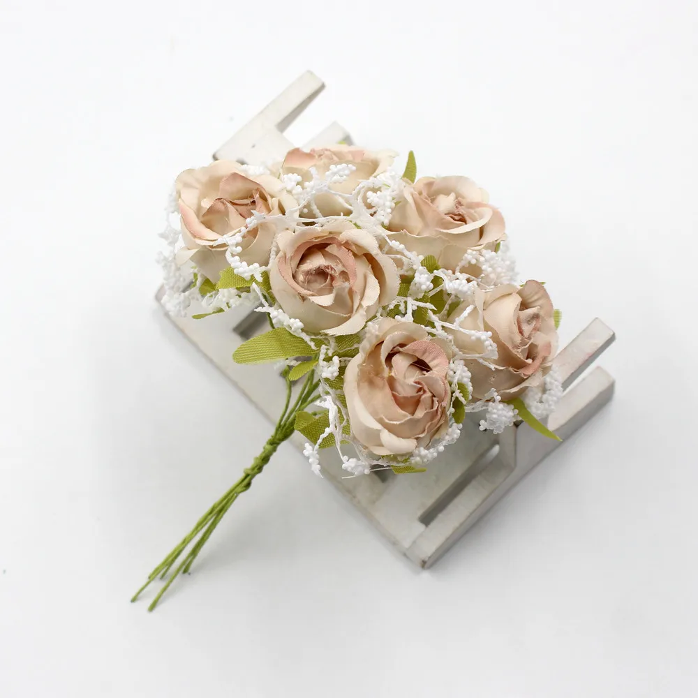 6 шт./лот, белый кружевной букет роз из шелка, искусственные цветы, свадебные украшения, аксессуары, сделай сам, венок, скрапбук, искусственные цветы - Цвет: Brown