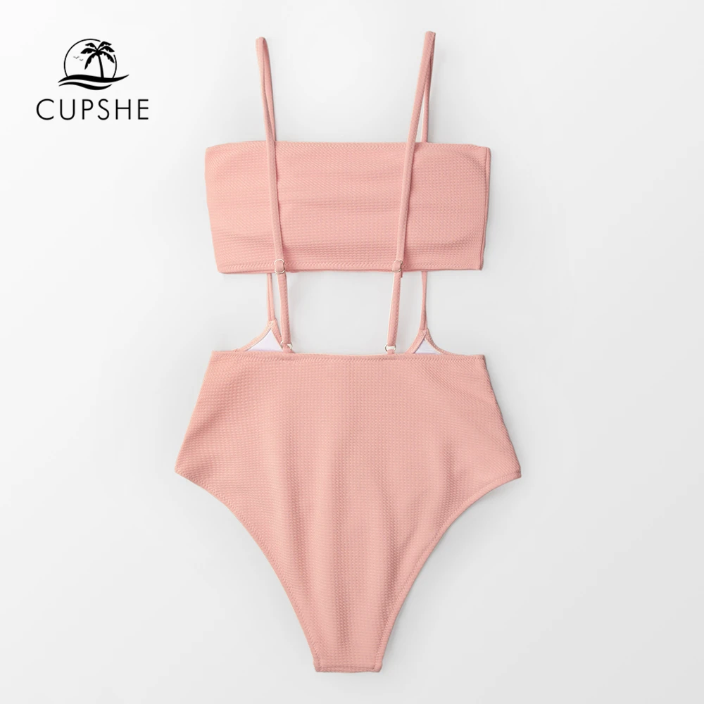 Online CUPSHE Rosa Bandeau Hoher taille Bikini Sets Frauen Solide Zwei Stück Badeanzüge 2020 Mädchen Klar Strand Badeanzüge Bademode