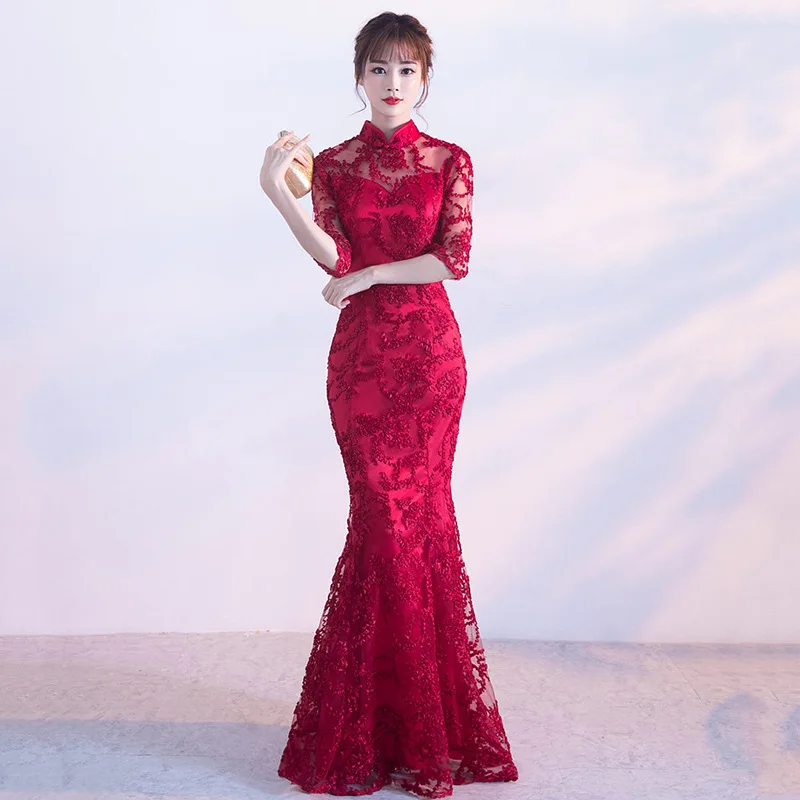 Новинка, Красное Кружевное платье Ципао в винтажном китайском стиле, длинное платье Ципао, женское тонкое вечернее платье, Ретро стиль, женская одежда, Vestidos S-XXXL - Цвет: burgundy