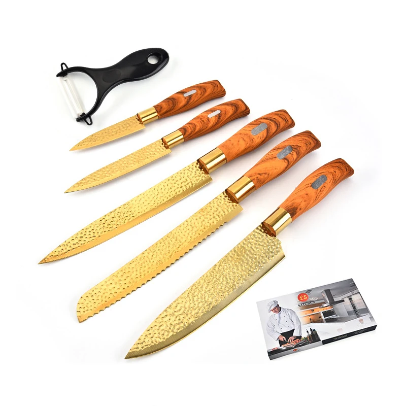 Набор из 6 нержавеющей стали с золотым покрытый металлом нож, набор кухонных ножей, деревянная зернистая ручка, острый нож для очистки овощей