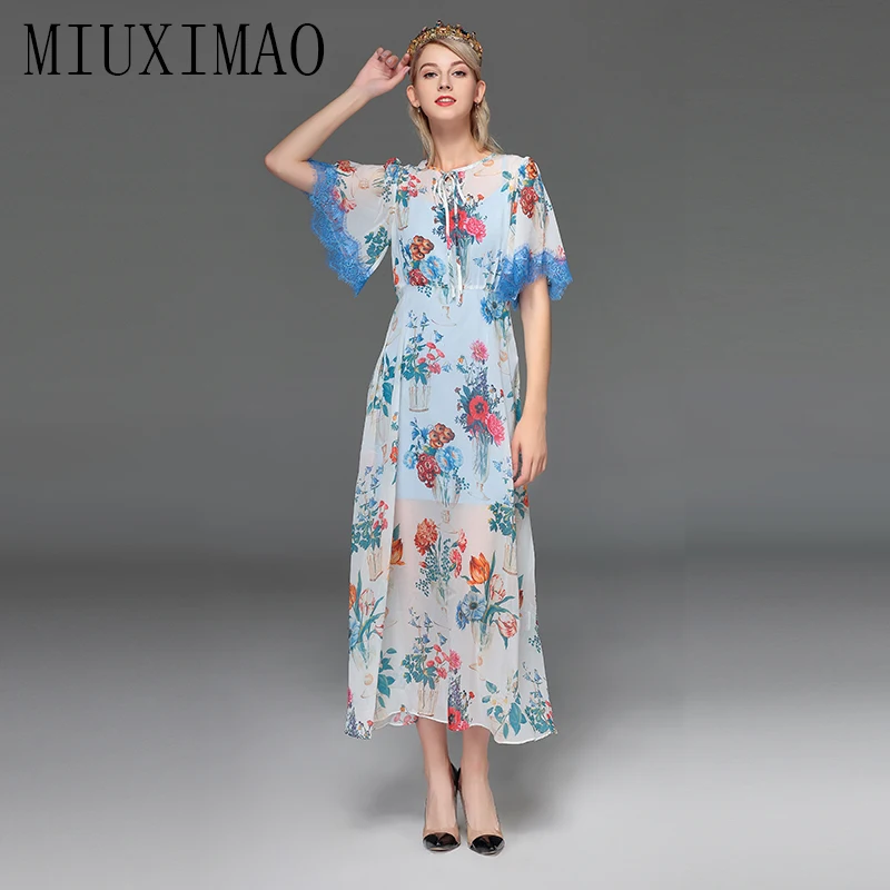 

High Quality 2019 Runway Designer Bohemian Style A-Line O-Neck Half Sleeve Flower Print Elegant Ankle-Length Long Dress Women